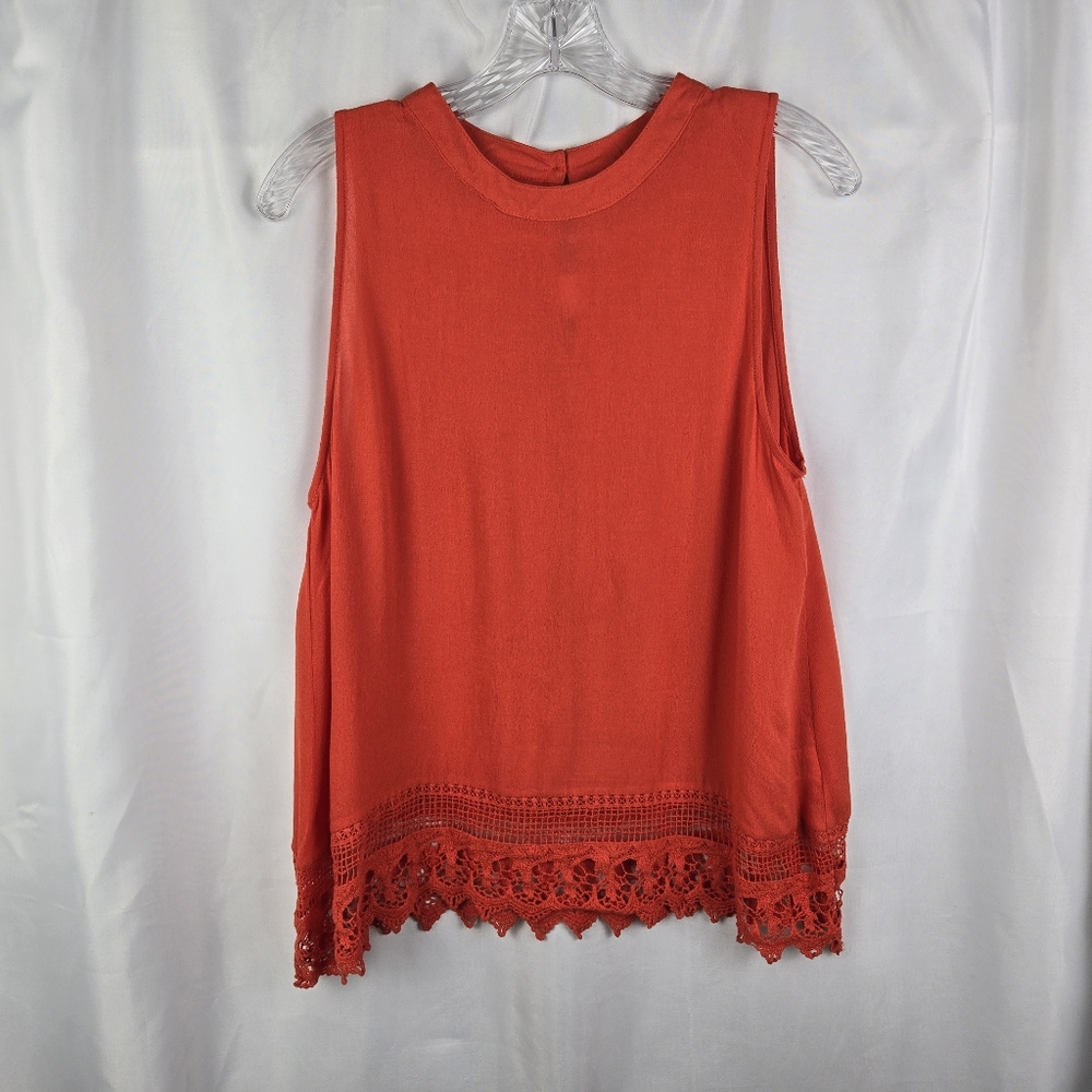 Elodie Orange Gauze Crepe Rayon Crochet Lace Trim Sleeveless Tank Top Size Large